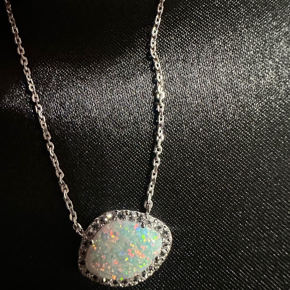 Silver Opal and white Necklace and Earrings Set - Picture 3 of 5